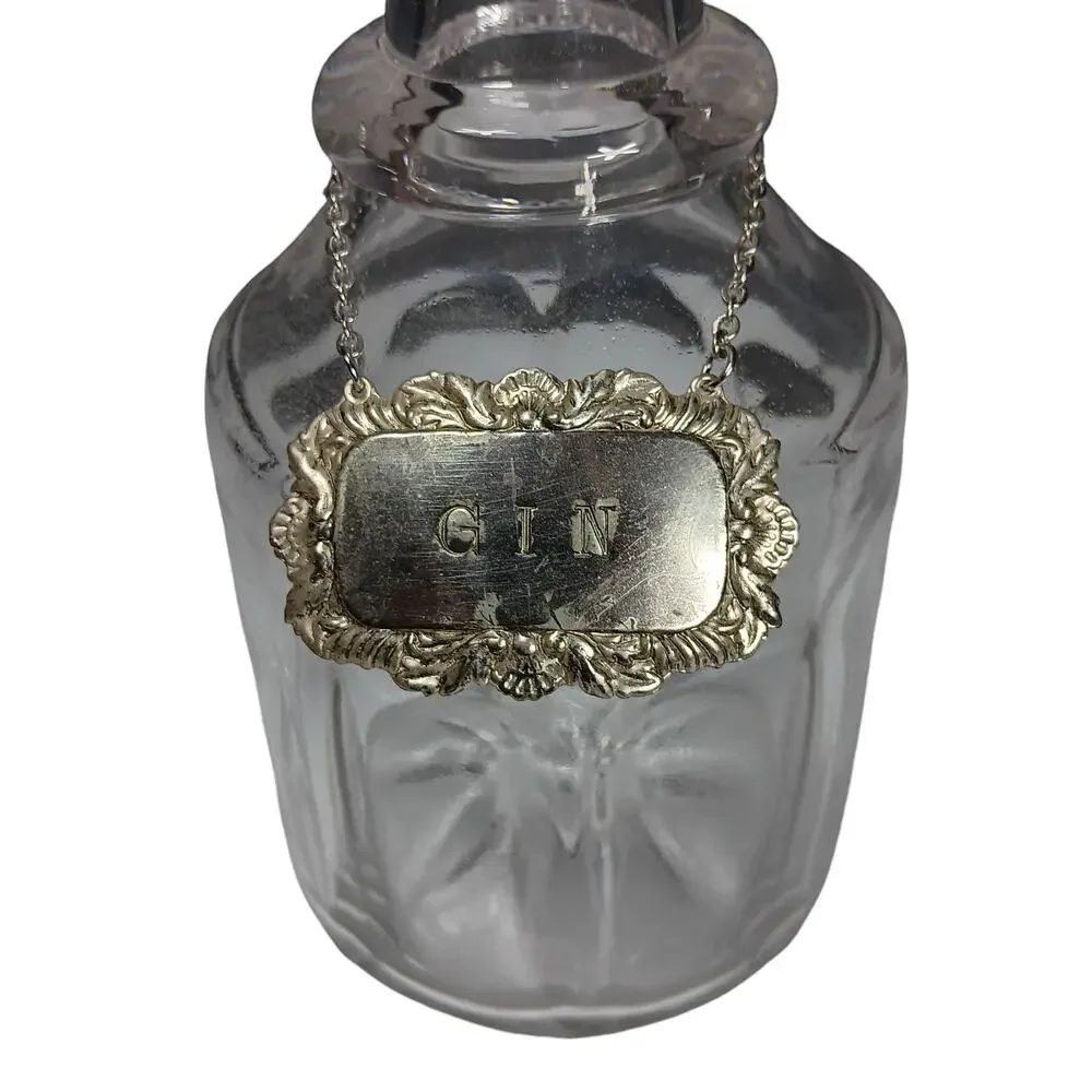 Vintage Glass Decanter Gin English Silverplate Label Tag Mushroom Stopper